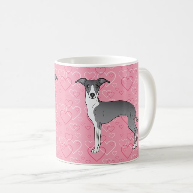 Blue And White Italian Greyhound On Pink Hearts Coffee Mug (Front Right)