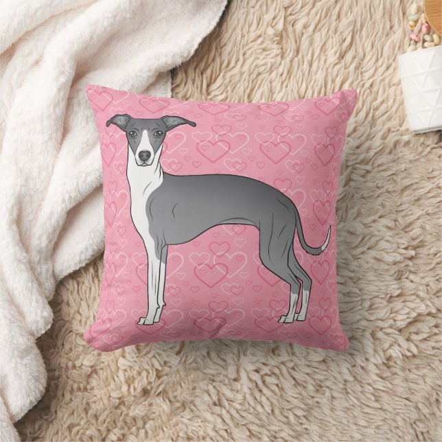 Blue And White Italian Greyhound On Pink Hearts Cushion (Blanket)