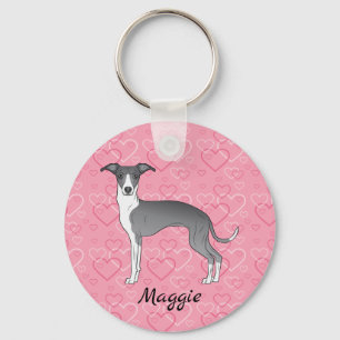 Blue And White Italian Greyhound On Pink Hearts Key Ring