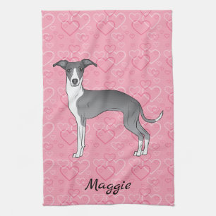 Blue And White Italian Greyhound On Pink Hearts Tea Towel