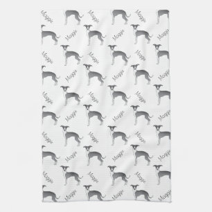 Blue And White Italian Greyhound Pattern With Name Tea Towel