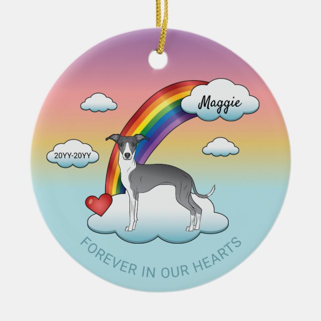 Blue And White Italian Greyhound Rainbow Memorial Ceramic Tree Decoration (Front)