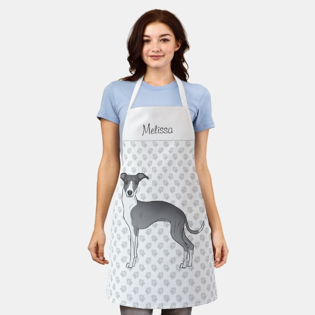 Blue And White Italian Greyhound With Custom Name Apron (Worn)