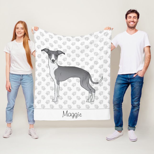 Blue And White Italian Greyhound With Custom Name Fleece Blanket (In Situ)