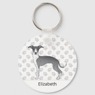 Blue And White Italian Greyhound With Custom Name Key Ring