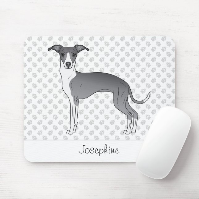 Blue And White Italian Greyhound With Custom Name Mouse Mat (With Mouse)