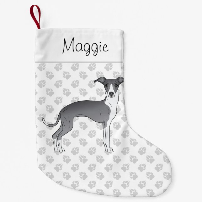 Blue And White Italian Greyhound With Custom Name Small Christmas Stocking (Front)