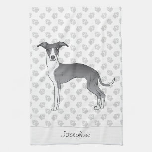 Blue And White Italian Greyhound With Custom Name Tea Towel