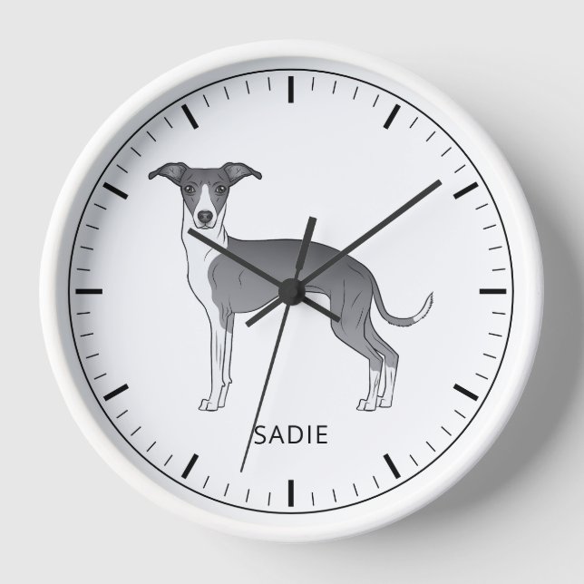 Blue And White Italian Greyhound With Custom Text Clock (Front)