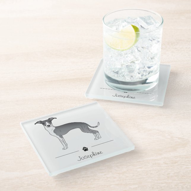 Blue And White Italian Greyhound With Custom Text Glass Coaster (Angled)