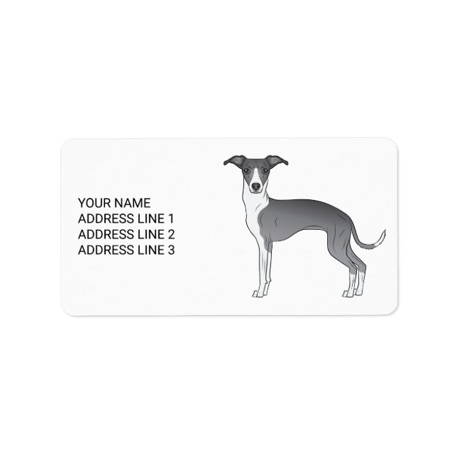 Blue And White Italian Greyhound With Custom Text Label (Front)