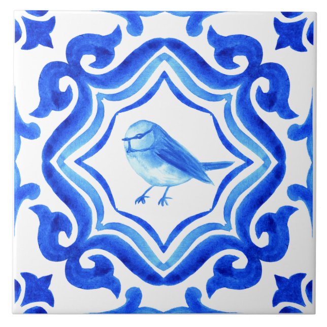 Blue and white Italian Hand Painted Mediterranean  Tile (Front)
