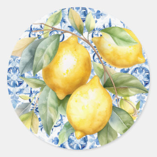 Blue and white Italian watercolor tile and lemons Classic Round Sticker