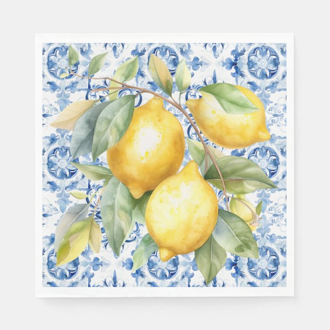 Blue and white Italian watercolor tile and lemons Napkin (Front)