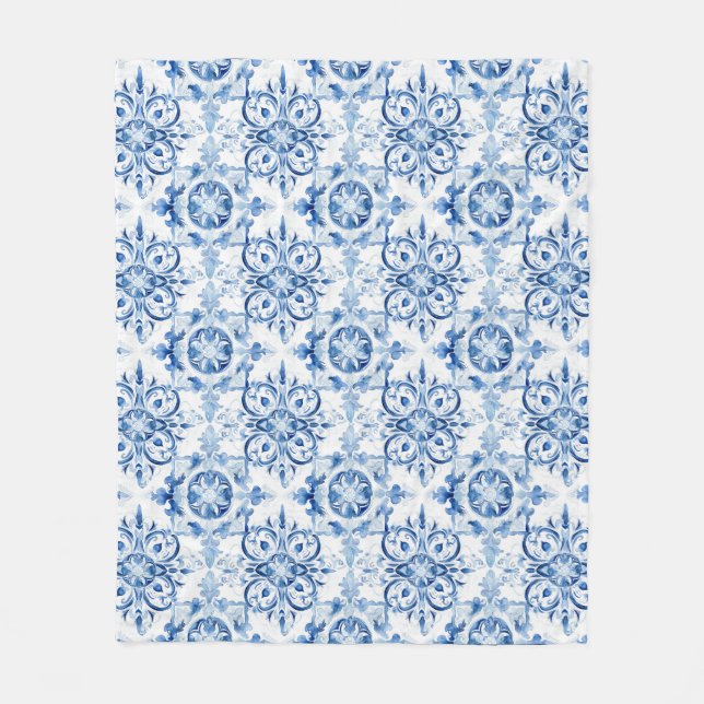 Blue and white Italian watercolor tile pattern Fleece Blanket (Front)