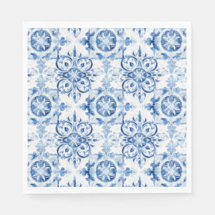 Blue and white Italian watercolor tile pattern Napkin