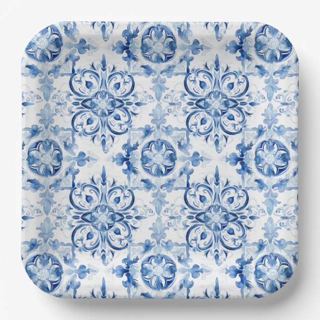 Blue and white Italian watercolor tile pattern Paper Plate (Front)