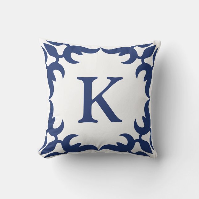 Blue and White Jade Scroll Frame Monogram Cushion (Front)
