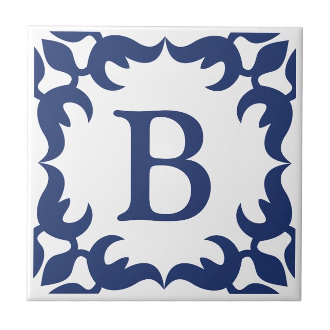 Blue and White Jade Scroll Frame Monogram Tile (Front)