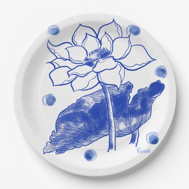 blue and white　Japanese traditional　plate 紙皿 大 Paper Plate (Front)