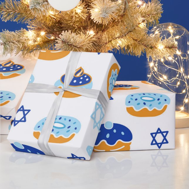 Blue and White Jelly Doughnut Hanukkah Wrapping Paper (Holidays)