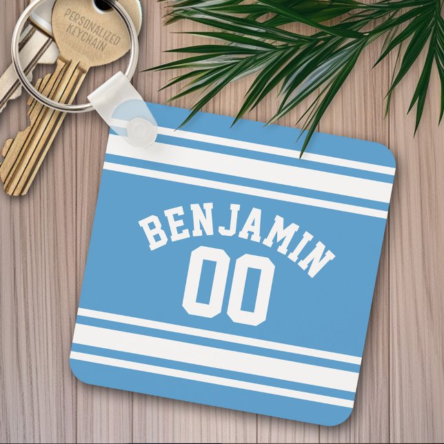 Blue and White Jersey Stripes Custom Name Number Key Ring (Personalized keychain - Fantasy Football)