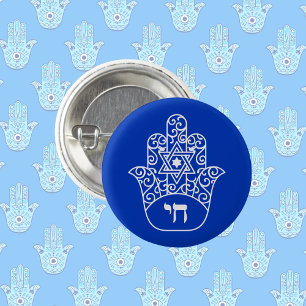 Blue and White Jewish Chai Hamsa Star of David 3 Cm Round Badge