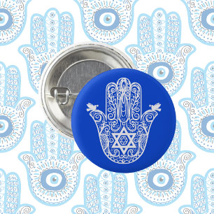 Blue and White Jewish The Hand of Miriam Hamsa 3 Cm Round Badge