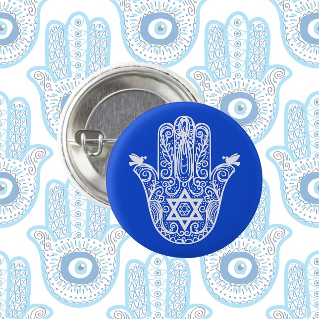 Blue and White Jewish The Hand of Miriam Hamsa  3 Cm Round Badge (Creator Uploaded)