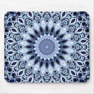 Blue and White Kaleidoscope Mandala Pattern Mouse Mat