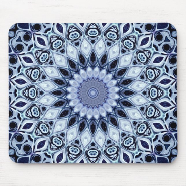 Blue and White Kaleidoscope Mandala Pattern Mouse Mat (Front)
