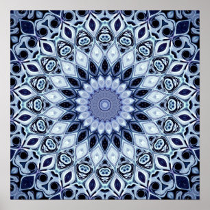 Blue and White Kaleidoscope Mandala Pattern Poster