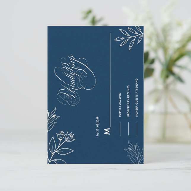 BLUE AND WHITE KINDLY REPLAY CALLIGRAPHY SCRIPT  RSVP CARD (Standing Front)