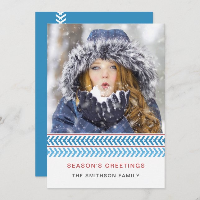 Blue and White Knit Modern Photo Holiday Card (Front/Back)