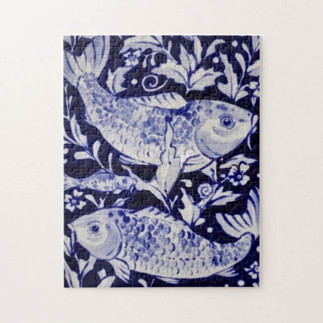 Blue and White Koi Fish Difficult Jigsaw Puzzle (Vertical)