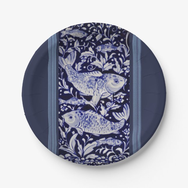Blue and White Koi Fish Elegant Dining Paper Plate (Front)