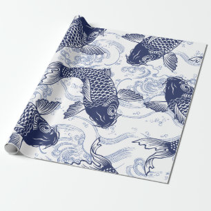 BLUE AND WHITE KOI FISH JAPANESE Wrapping Paper