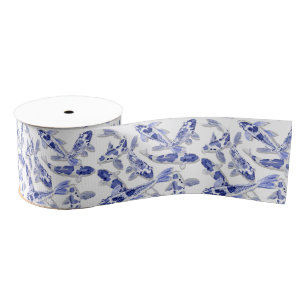 Blue and white Koi Grosgrain Ribbon