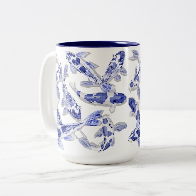 Blue and white Koi Two-Tone Coffee Mug (Front Left)