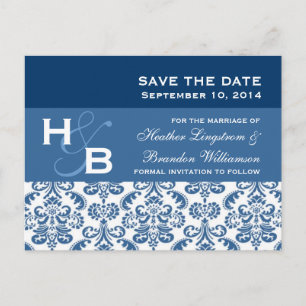 Blue and White Lace Damask Save The Date V007 Announcement Postcard