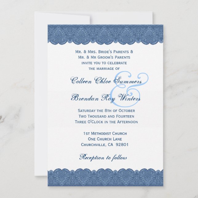 Blue and White Lace Elegant Monogram Wedding R438 Invitation (Front)