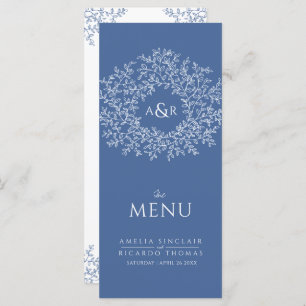 Blue and white leaf drawing monogram wedding menu