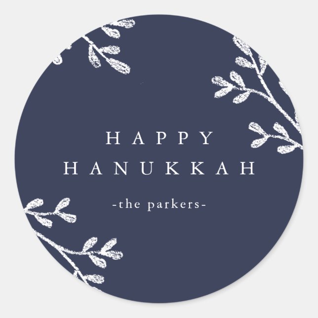Blue and White Leaves | Happy Hanukkah Classic Round Sticker (Front)