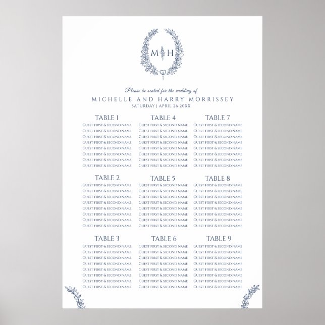 Blue and white leaves wreath wedding seating chart (Front)
