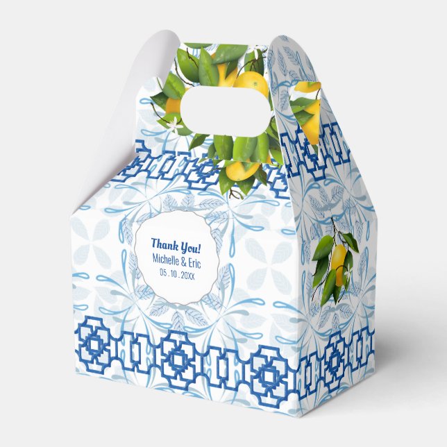 Blue and White Lemon Mediterranean Wedding Favour Box (Front Side)