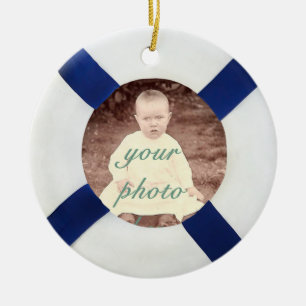 Blue and White Life Preserver Photo Frame Ceramic Tree Decoration