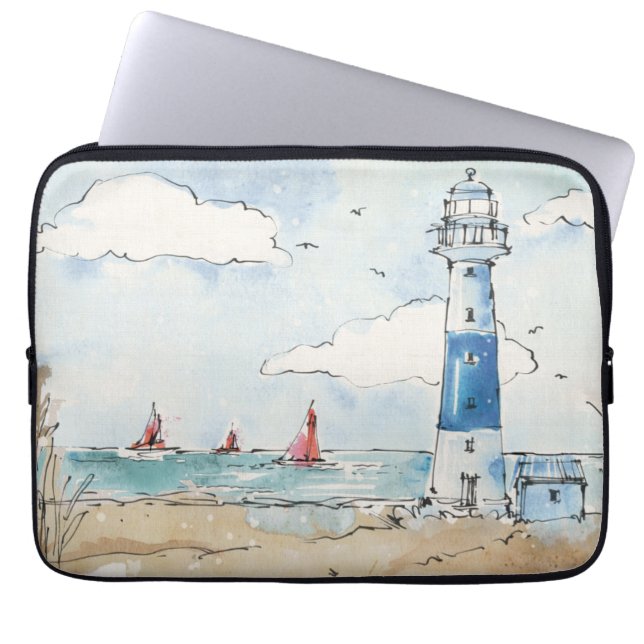Blue and White Lighthouse Laptop Sleeve (Front)