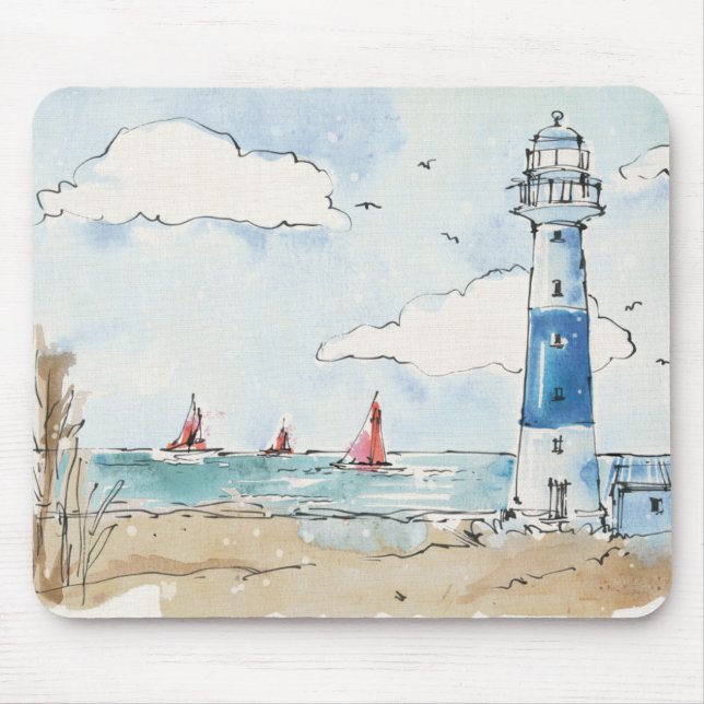 Blue and White Lighthouse Mouse Mat (Front)
