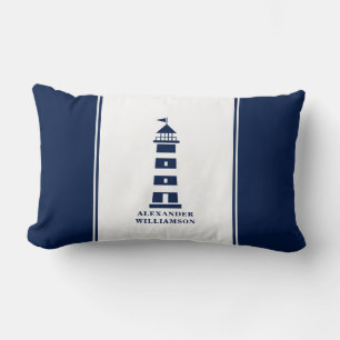 Blue and White Lighthouse Nautical Lumbar Cushion