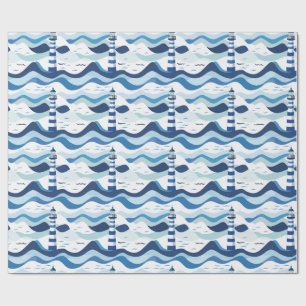 Blue and White Lighthouse Nautical Wrapping Paper